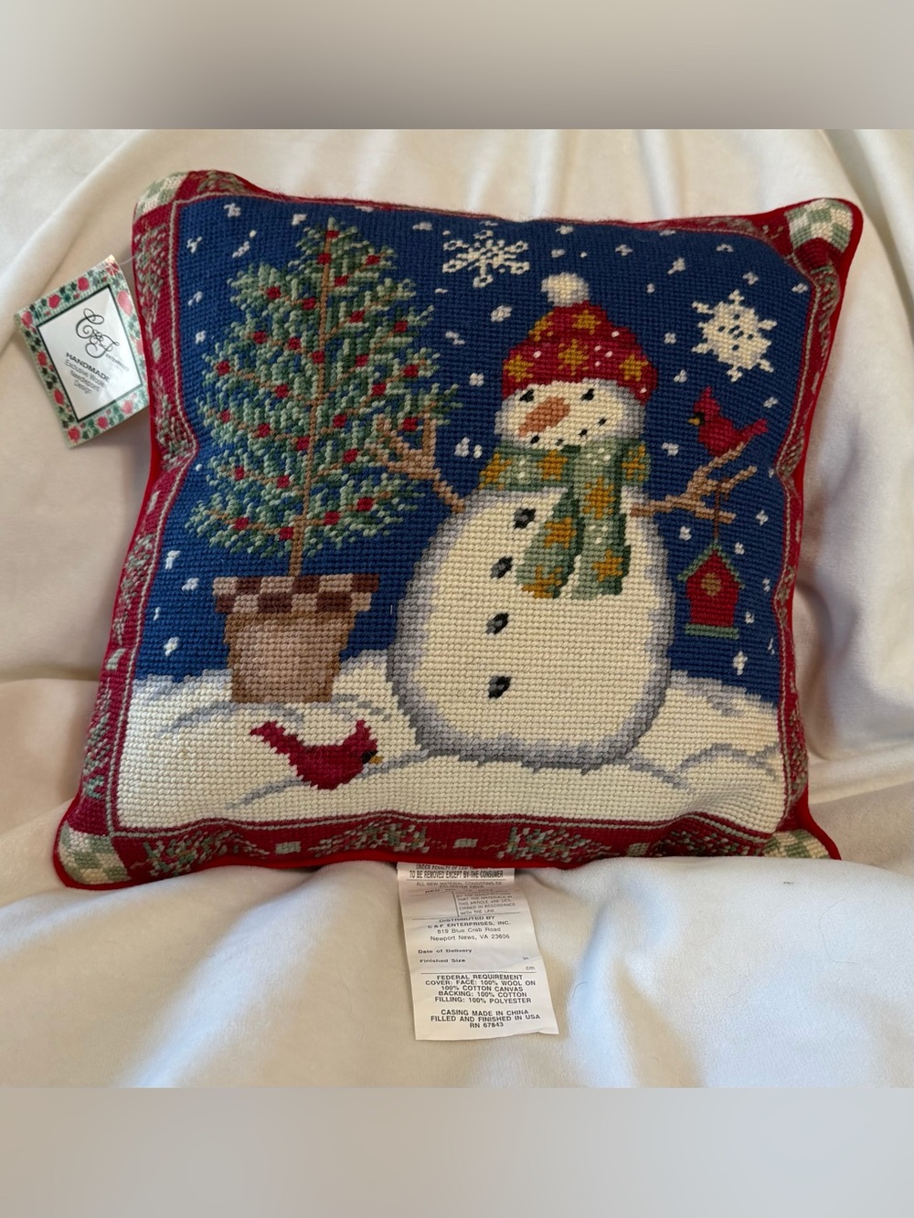 Vtg C&F 12x12” Square Handmade Wool Needlepoint Holiday Pillow w/insert